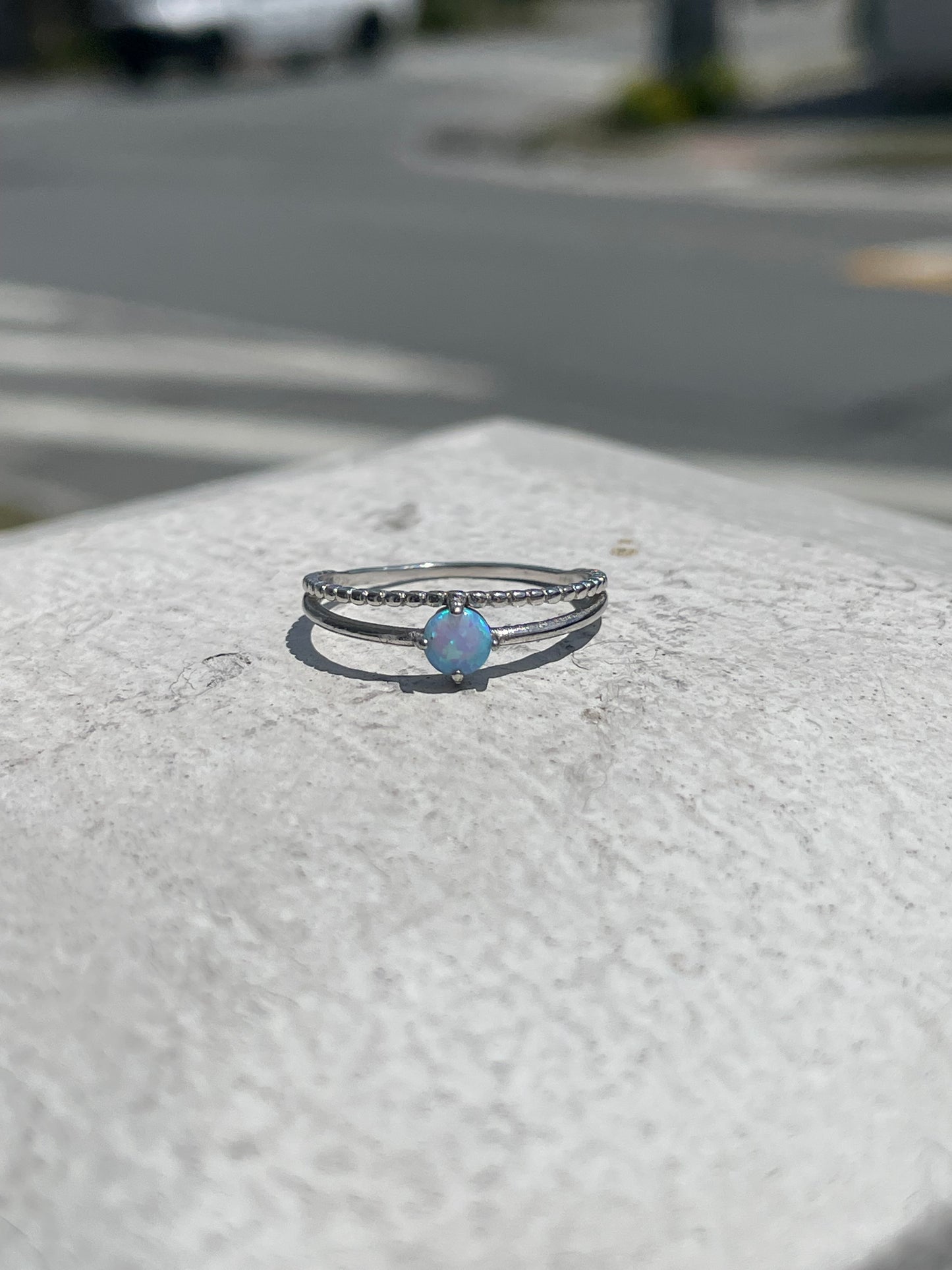 925 Sterling Silver Light Blue Opalite Band Ring Size 7