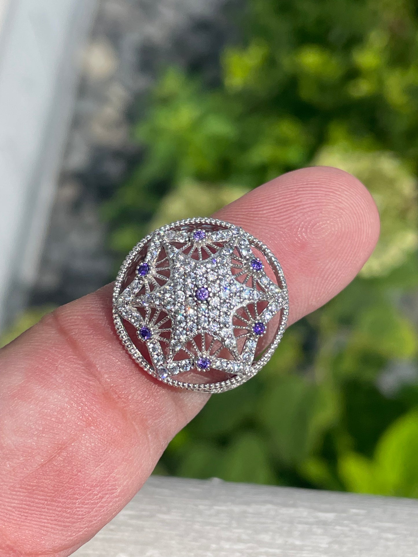 925 Sterling Silver Purple & Clear Zirconia Dream Catcher Ring Size 8