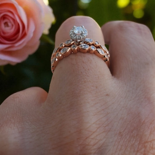 10k Rose Gold Diamond Engagement Ring & Matching Band Ring Set