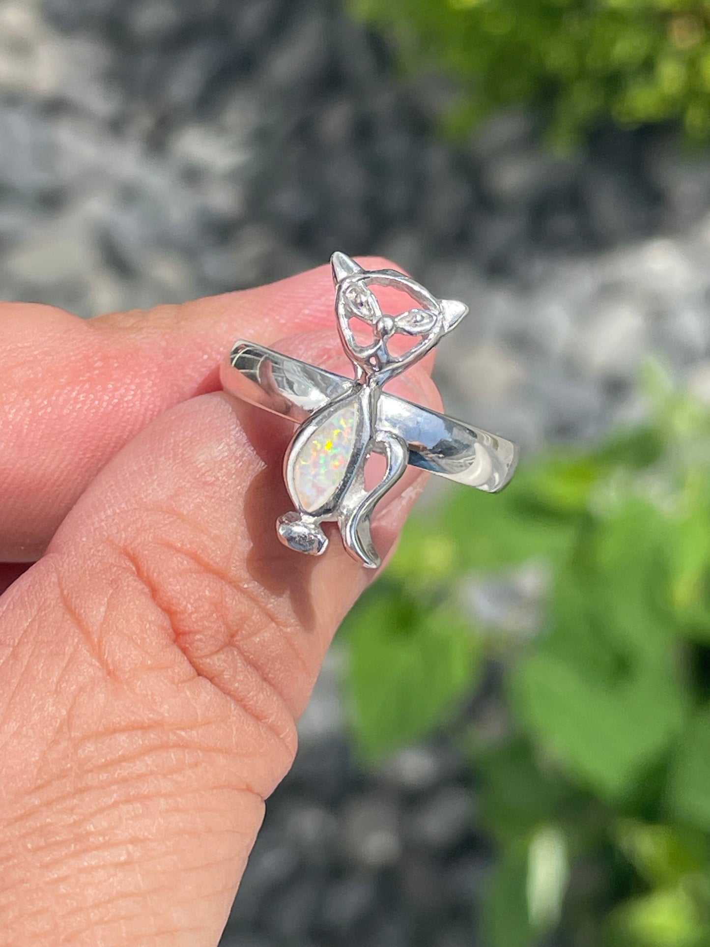 925 Sterling Silver Opal Stone Kitty Cat Ring Size 10