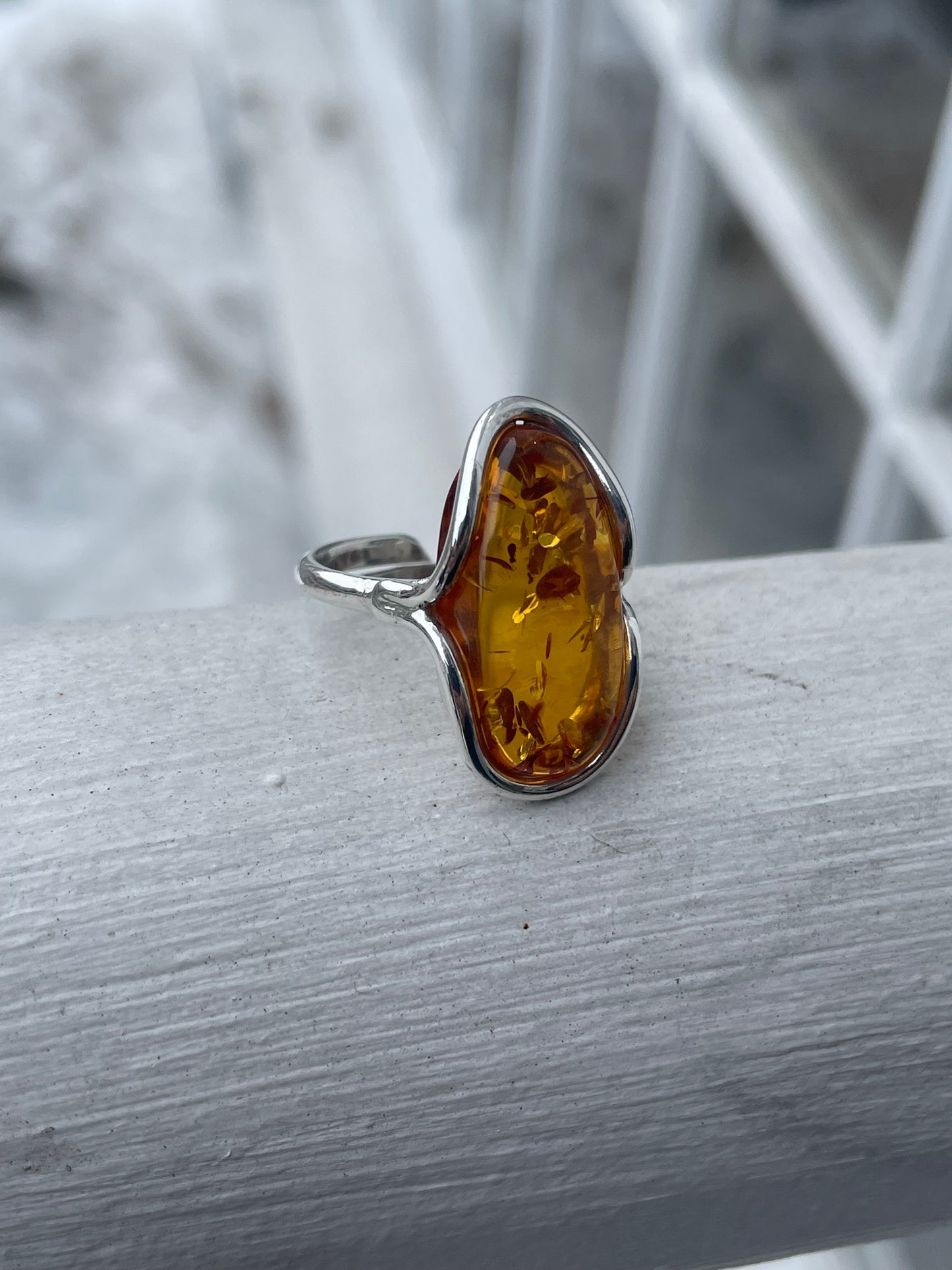 925 Sterling Silver Amber Handmade Ring Open Size