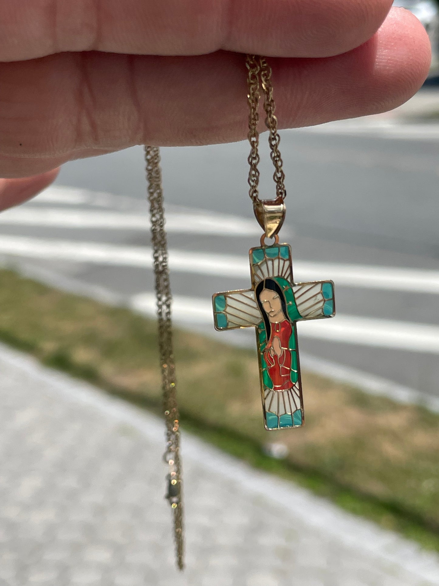 14k Gold Enameled Mother Mary Cross Necklace