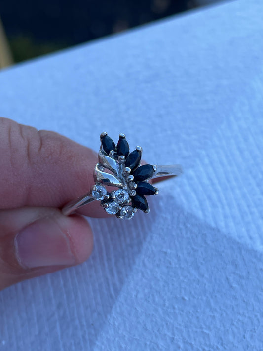 925 Sterling Silver Natural White & Blue Sapphire Cluster Ring Size 12