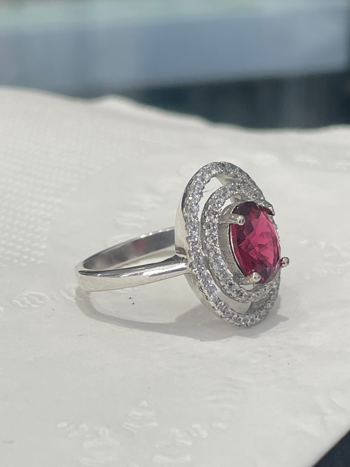 925 Sterling Silver Simulated Ruby & Clear Zirconia Statement Ring