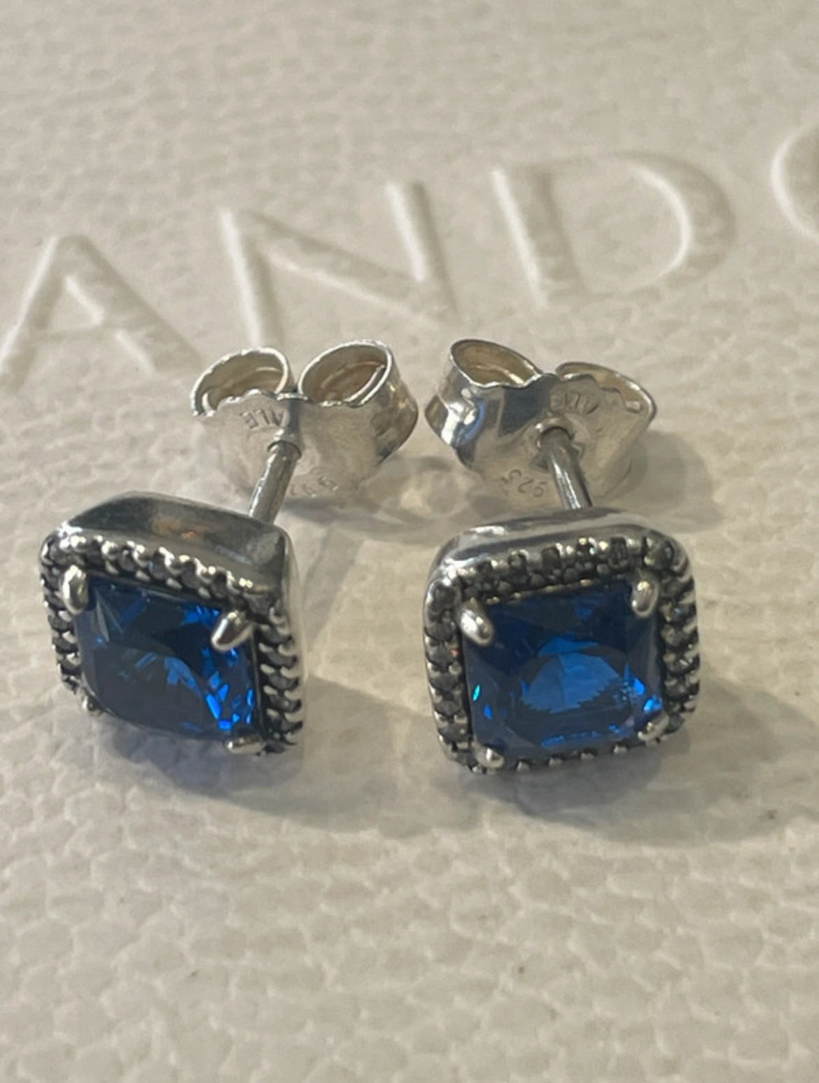 Pandora Sparkling Square Blue Halo Stud Earrings