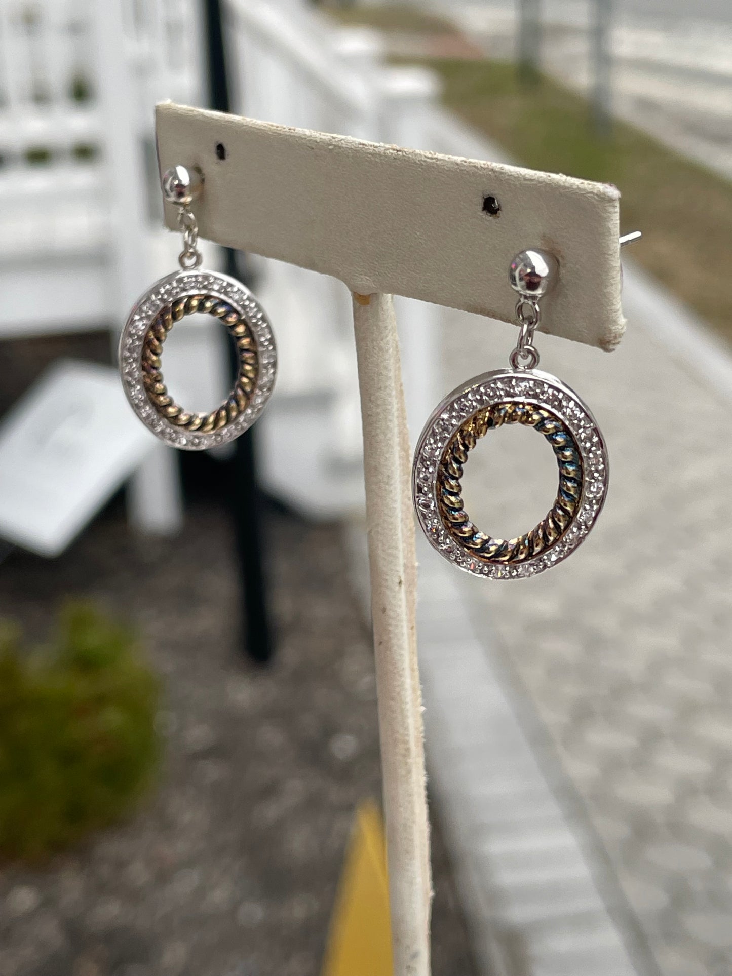 925 Sterling Silver Cz Fairest of them All Dangling open oval earrings.