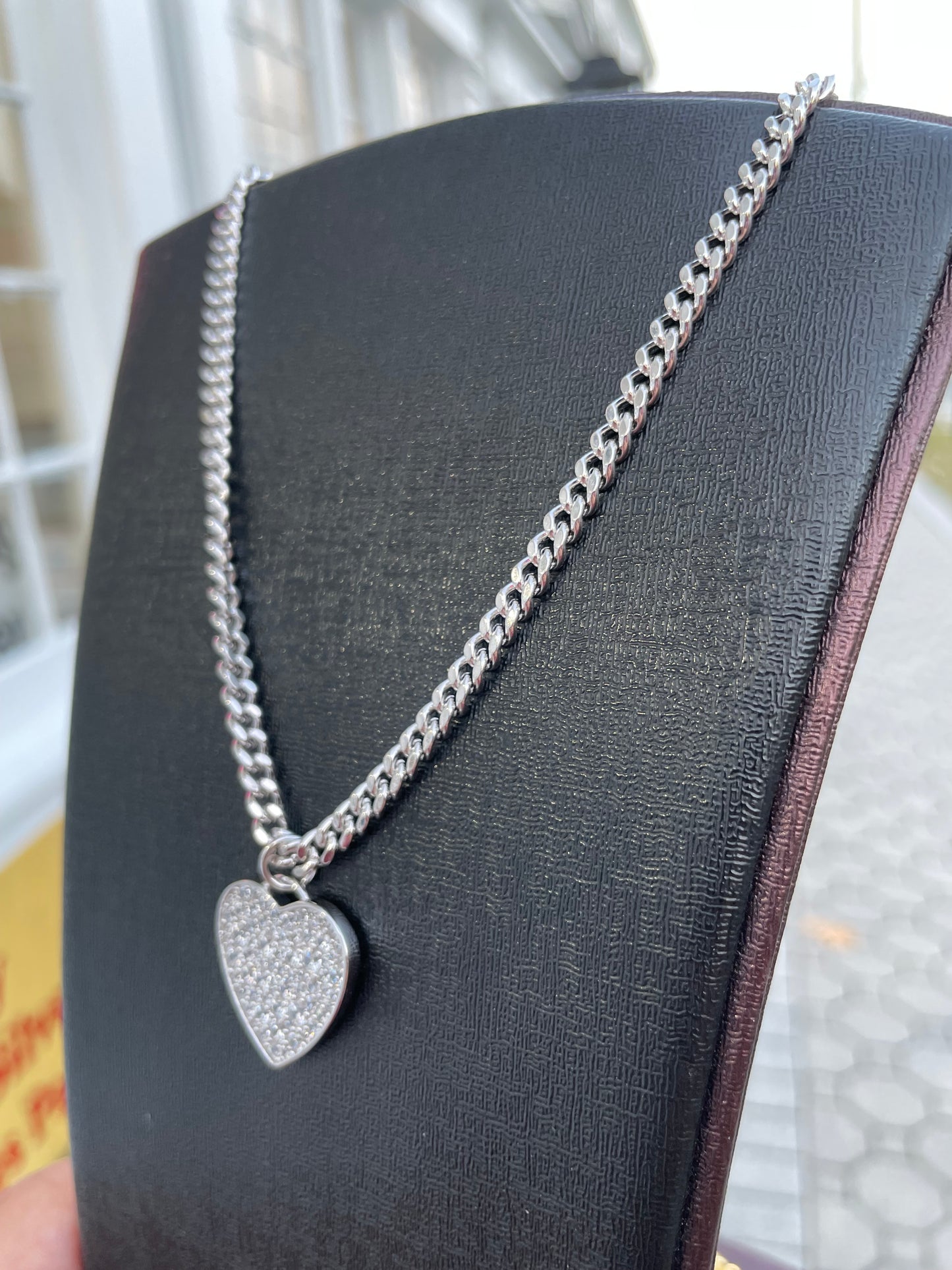 925 Sterling Silver Solid Miami Cuban Link Necklace with Pave Cz Signet Heart Pendant