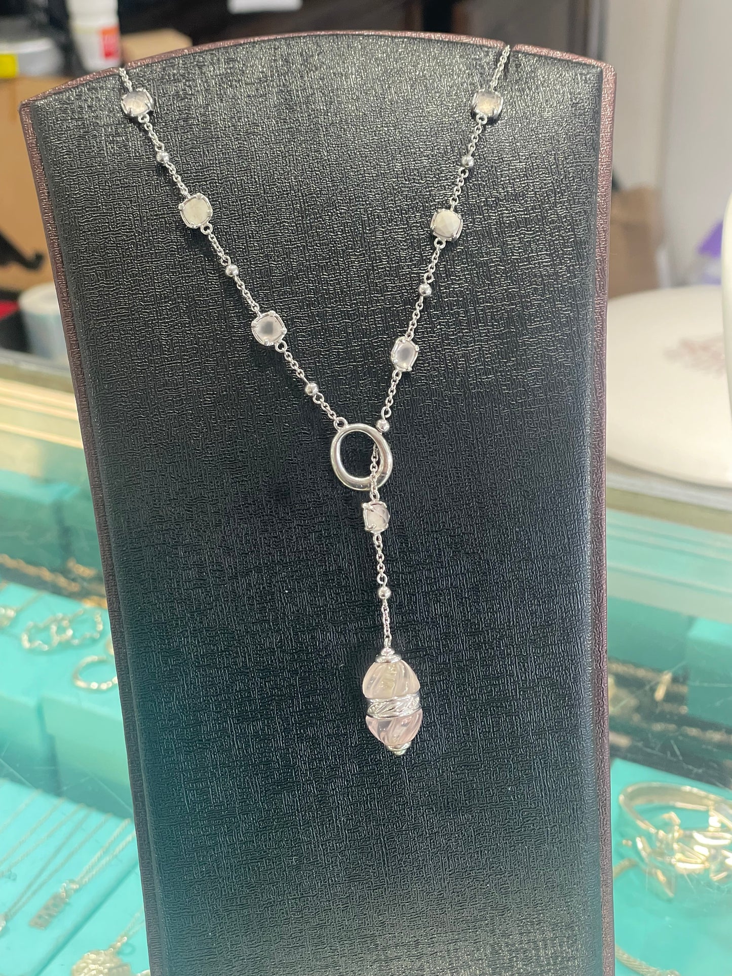 925 Sterling Silver Rose Quartz & White Agate Lariat Necklace