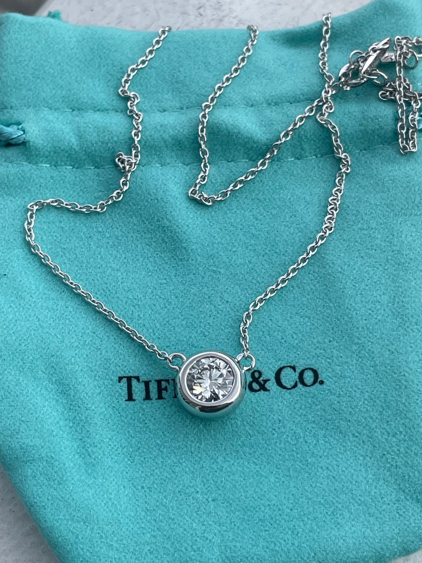 Tiffany & Co. 18k White Gold 1.00ct Bezel Set Solitaire Lab Grown Diamond Necklace