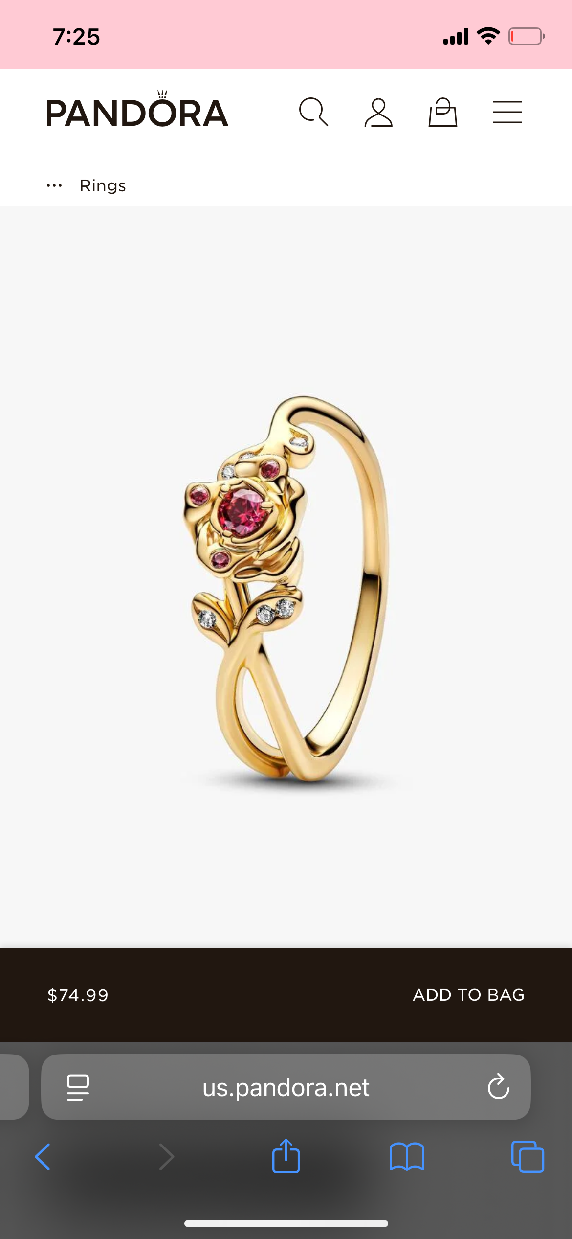 Pandora 160017C01 Beauty & The Beast Rose Ring Size 7