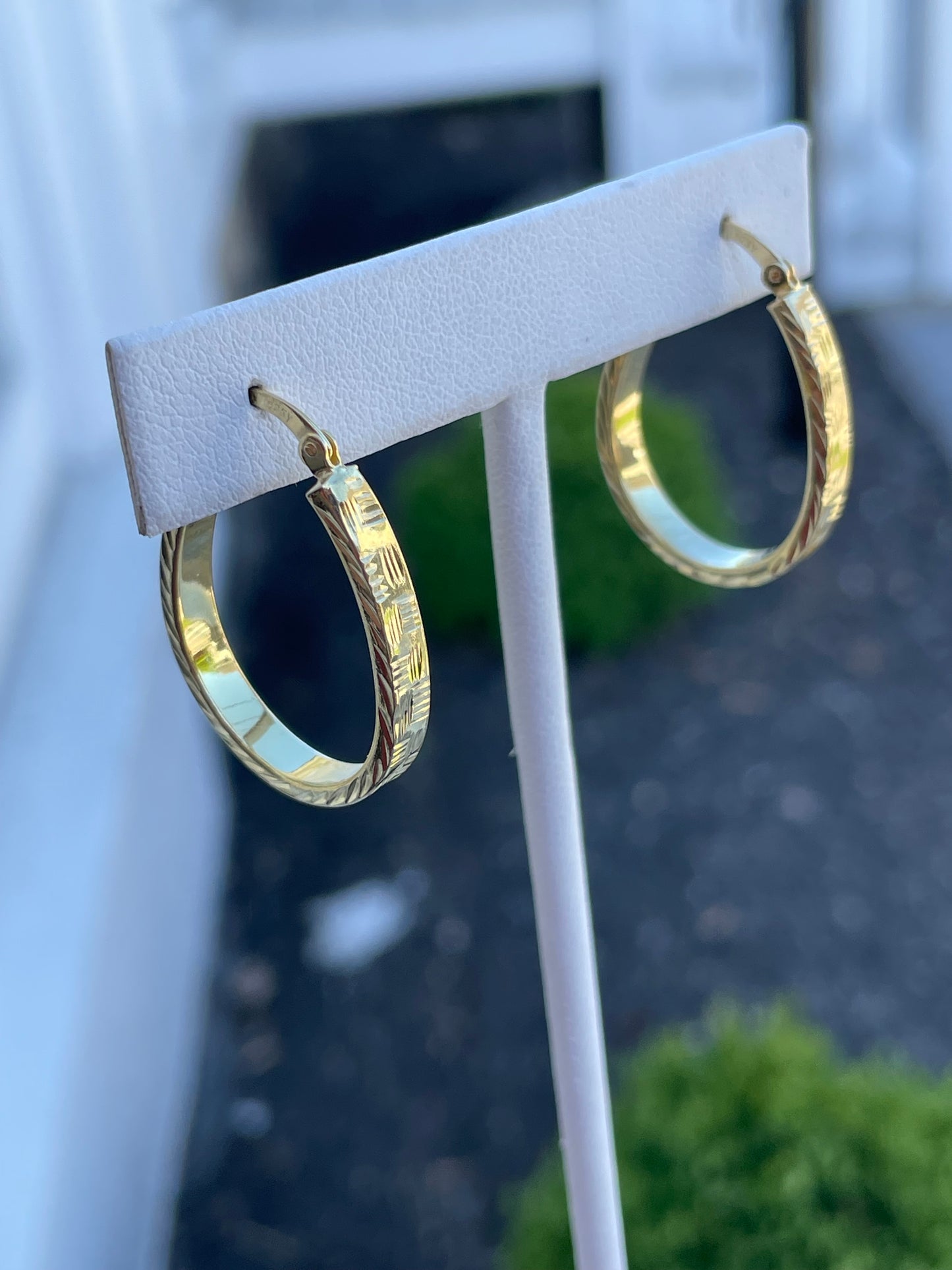 925 Sterling Silver Vermeil Diamond Cut Oblong Hoop Earrings