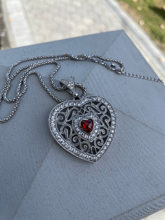 Designer Joseph Esposito 925 Sterling Silver Garnet Heart & Cz Large Art Deco Necklace