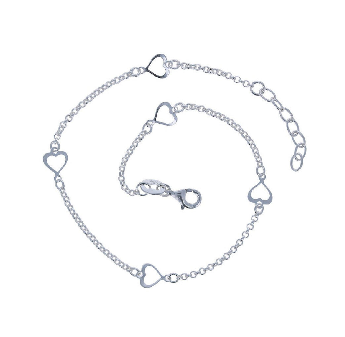 925 Sterling Silver Open Heart Anklet 9”-10”