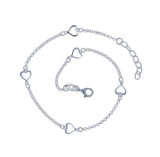 925 Sterling Silver Open Heart Anklet 9”-10”