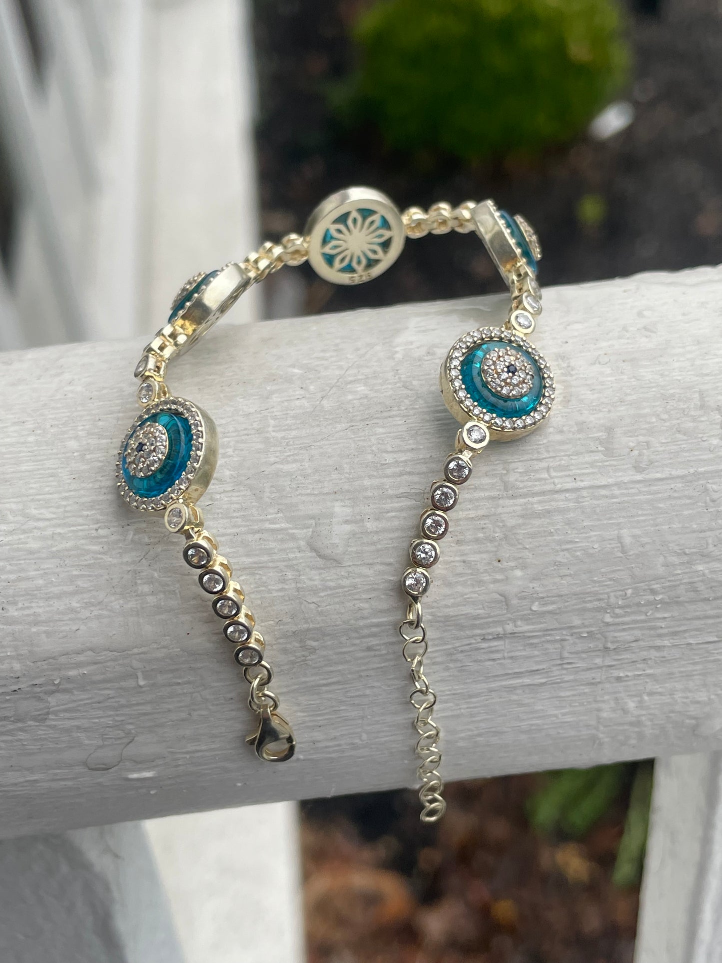 925 Sterling Silver Vermeil Blue Crystal Evil Eye Cz Tennis Bracelet 7”-8”