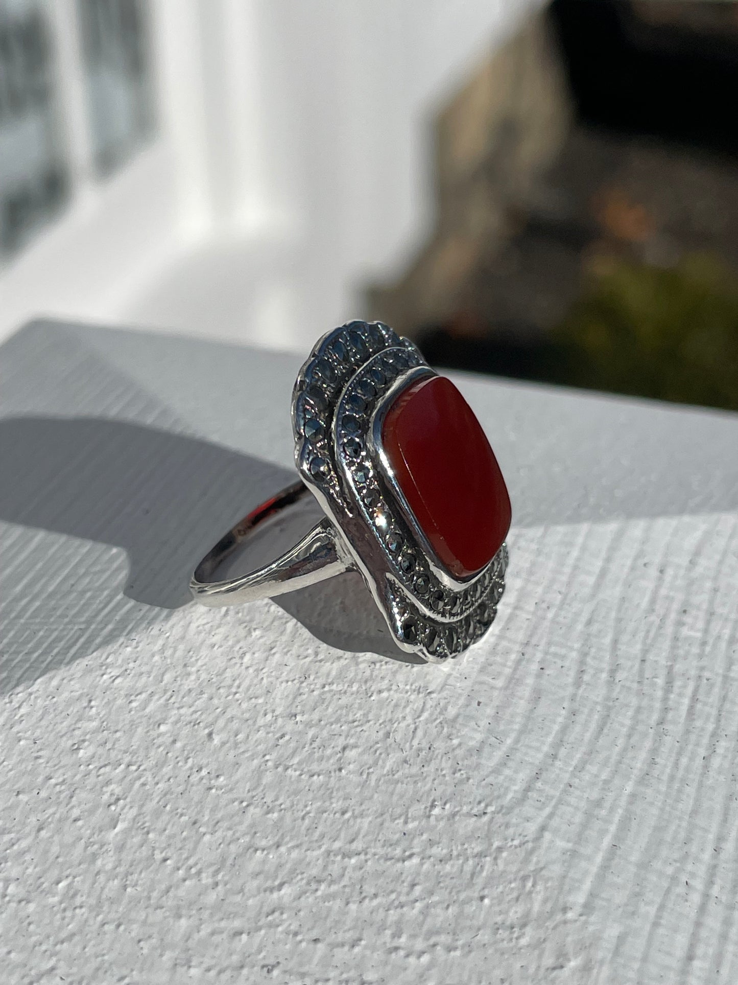 925 Sterling Silver Antique Carnelian & Marcasite Signet Ring Size 6.5