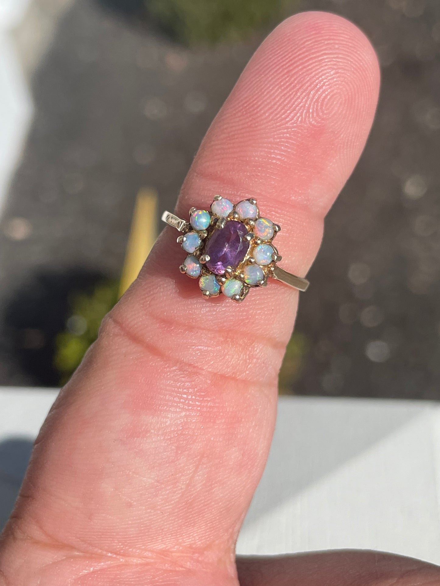 14k Gold Natural Amethyst & Opal Cluster Ring Size 7.5