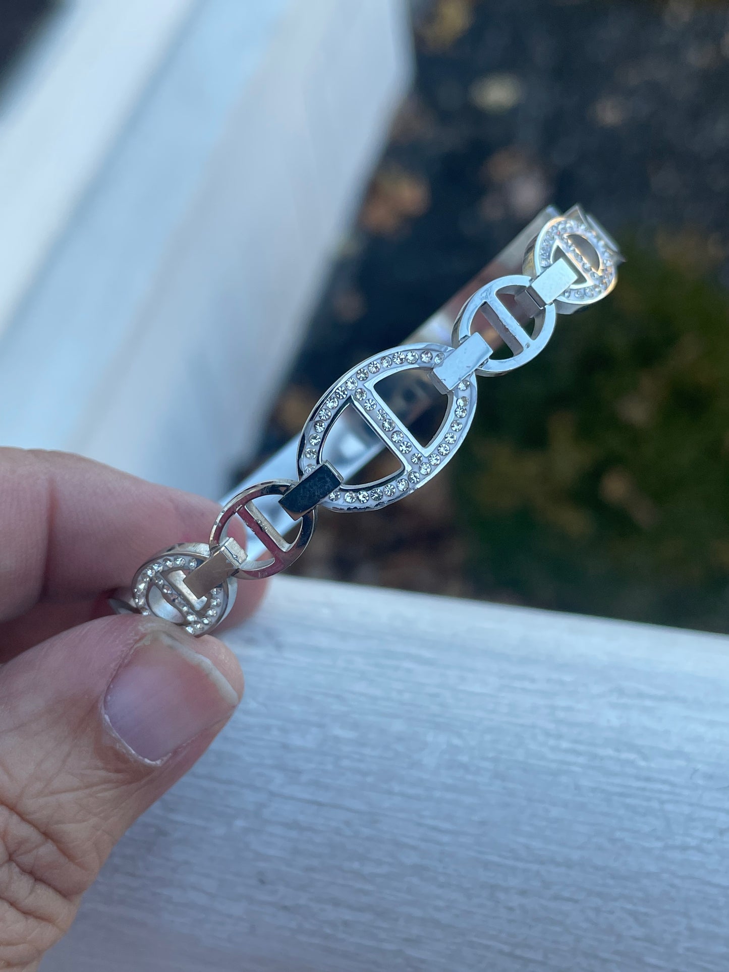 Stainless Steel Gucci Bangle Bracelet with Clear Crystals 7”