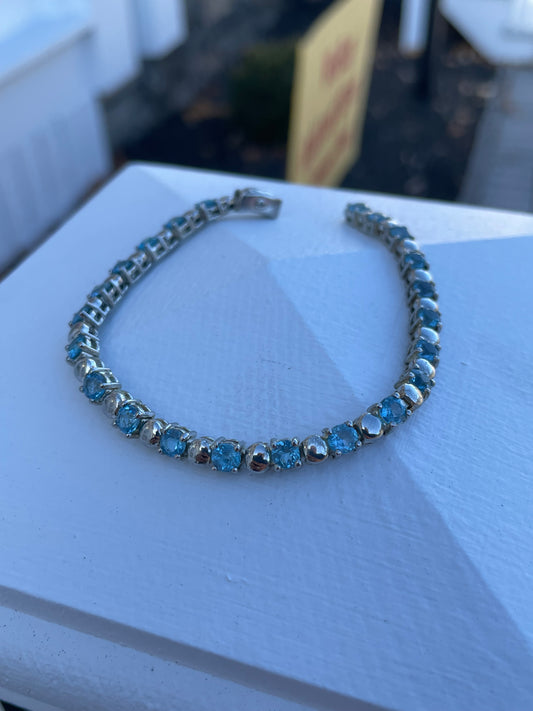 925 Sterling Silver Blue Topaz Tennis Bracelet 7.25”