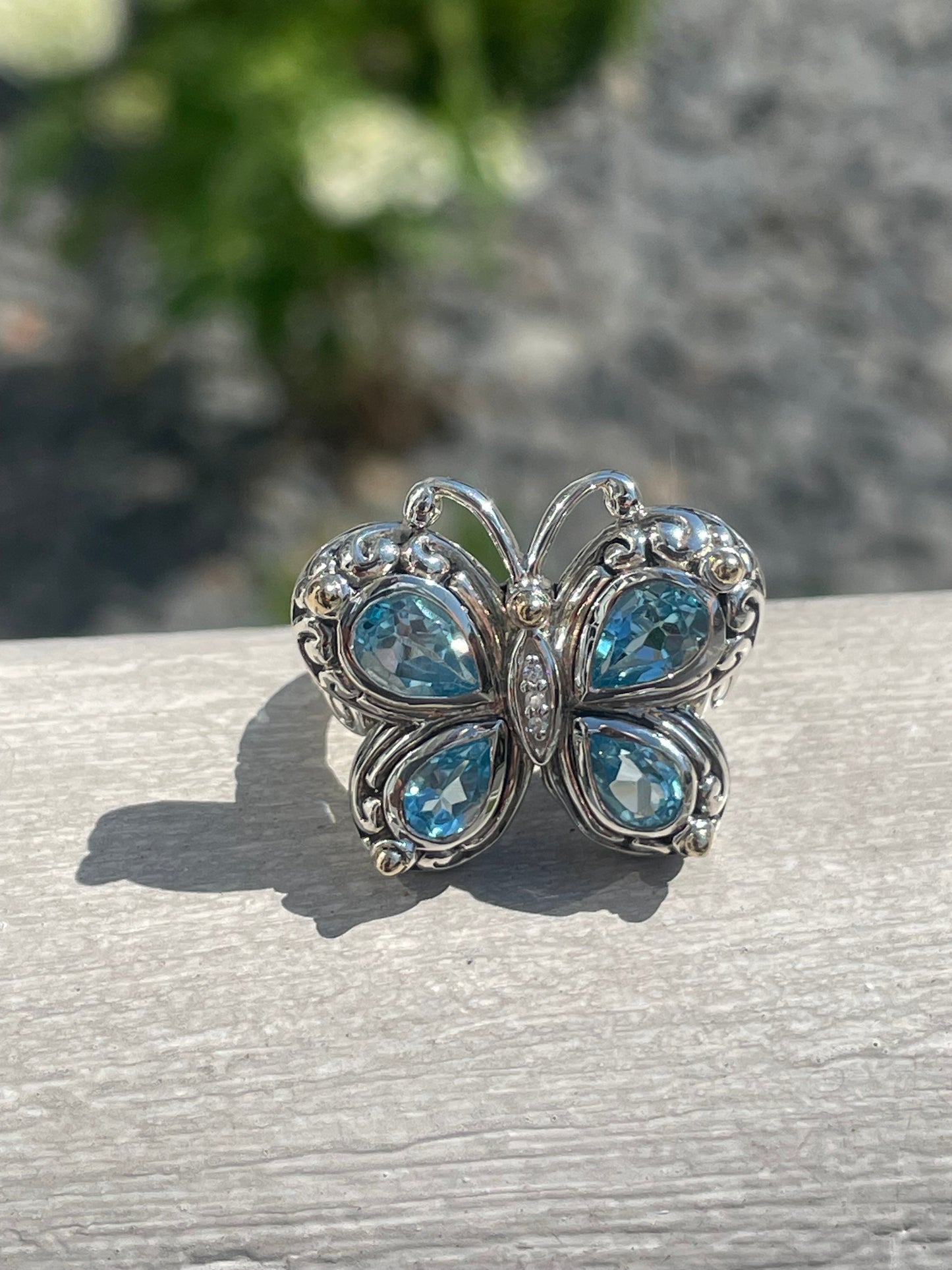 Designer ATR 925 Sterling Silver & 14k Gold Blue Topaz Butterfly Ring Size 9
