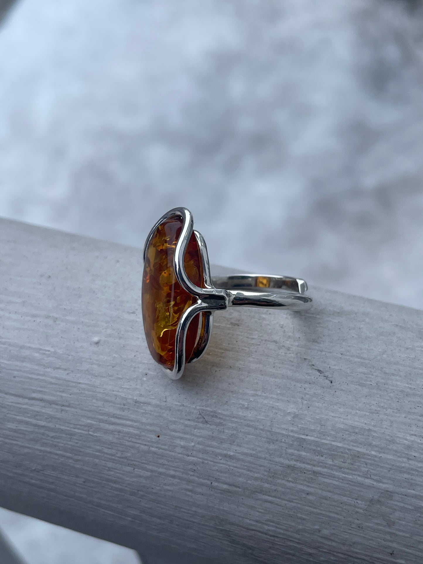925 Sterling Silver Amber Handmade Ring Open Size