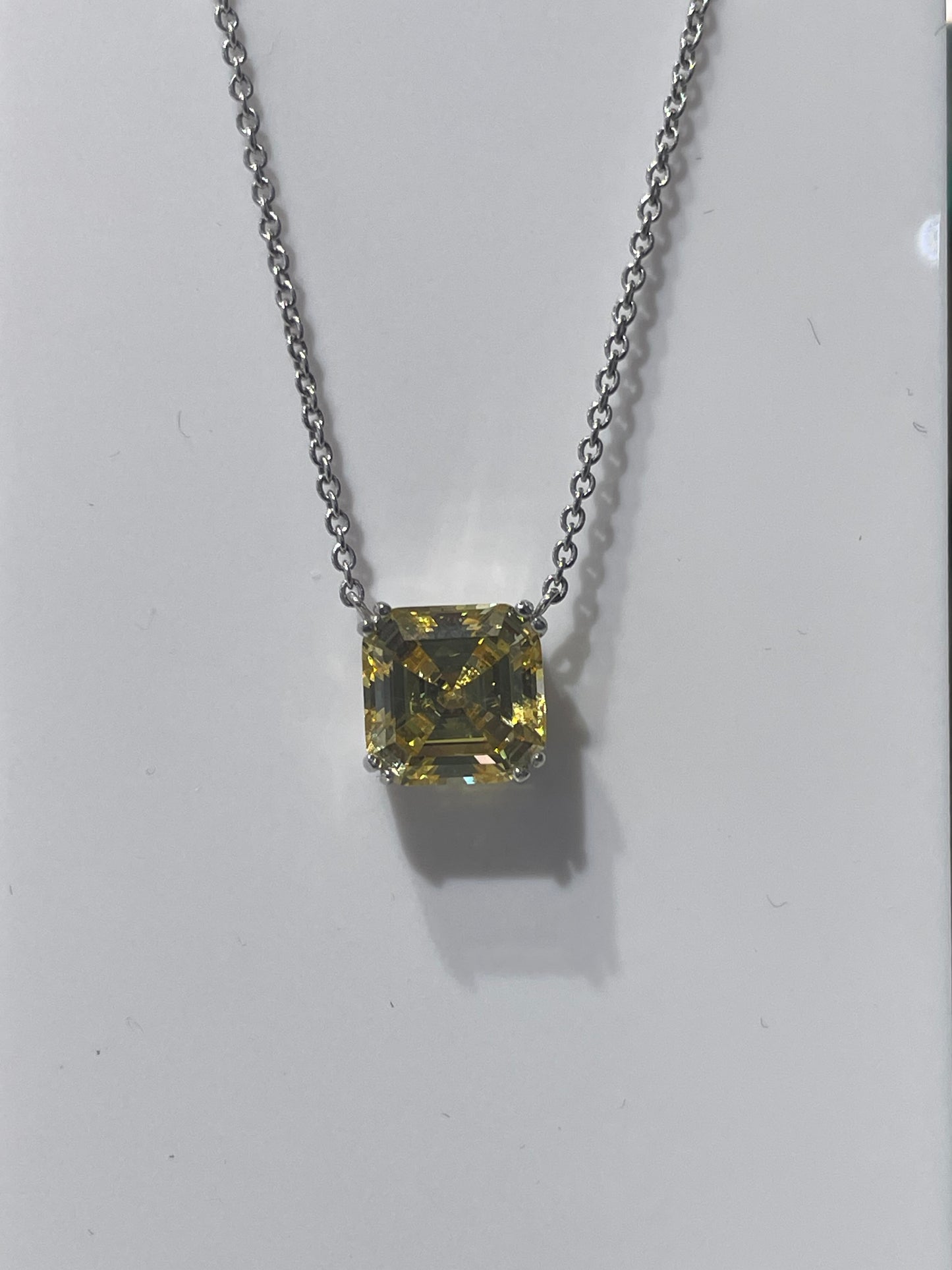 925 Sterling Silver Asher Cut Solitaire Citrine Necklace 16”-18”