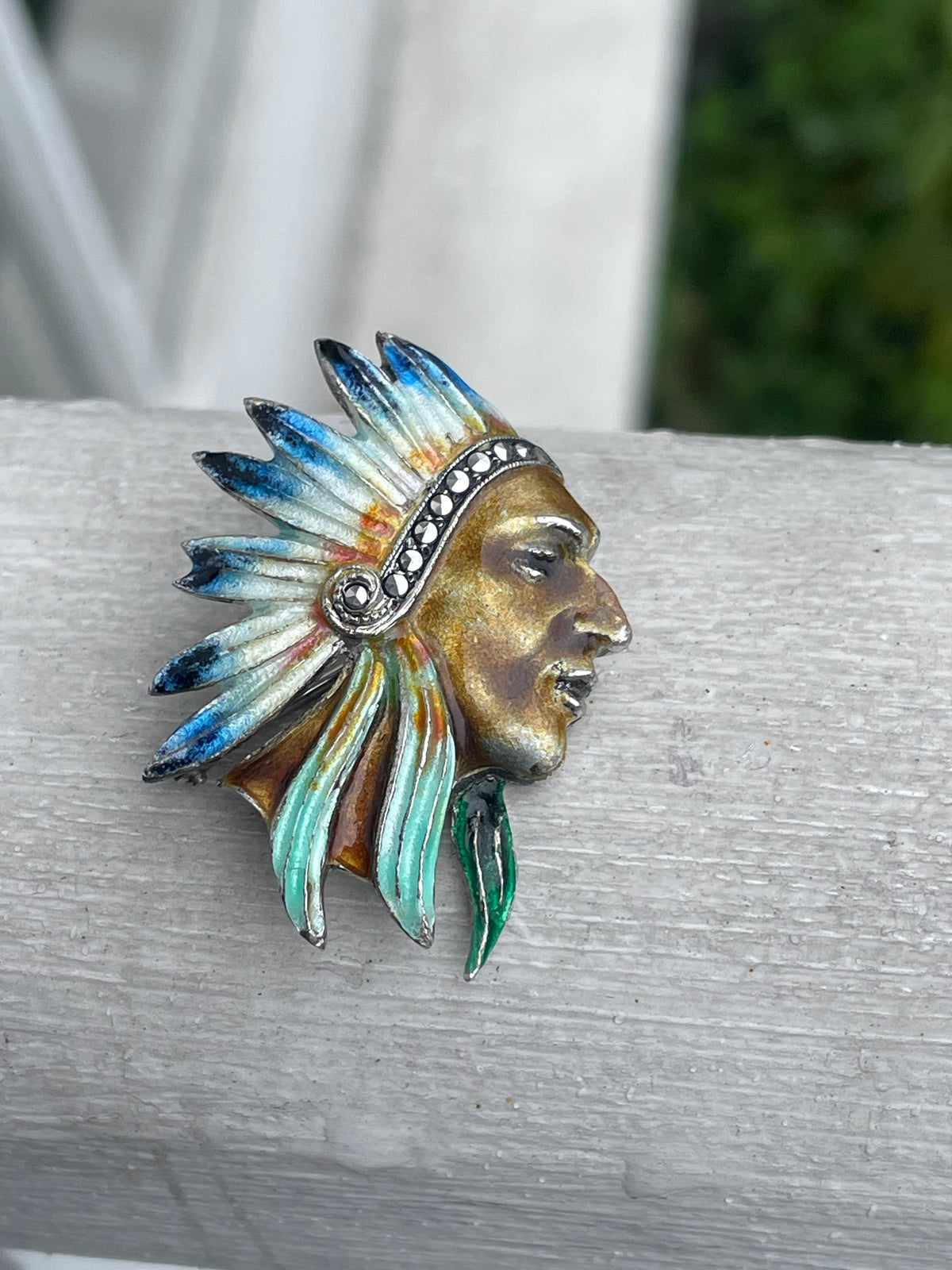Handmade 925 Sterling Silver Enameled Native American Indian Head Pin