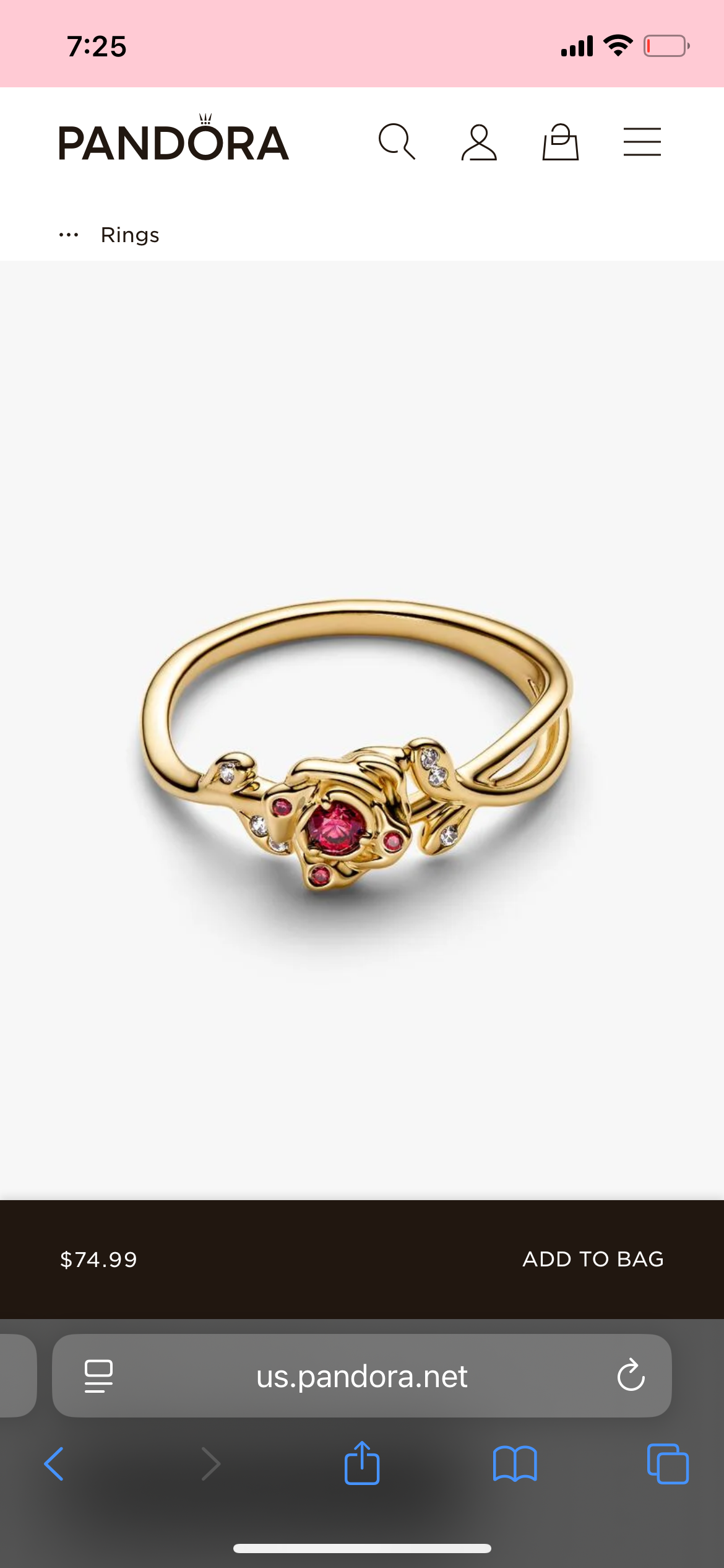 Pandora 160017C01 Beauty & The Beast Rose Ring Size 7