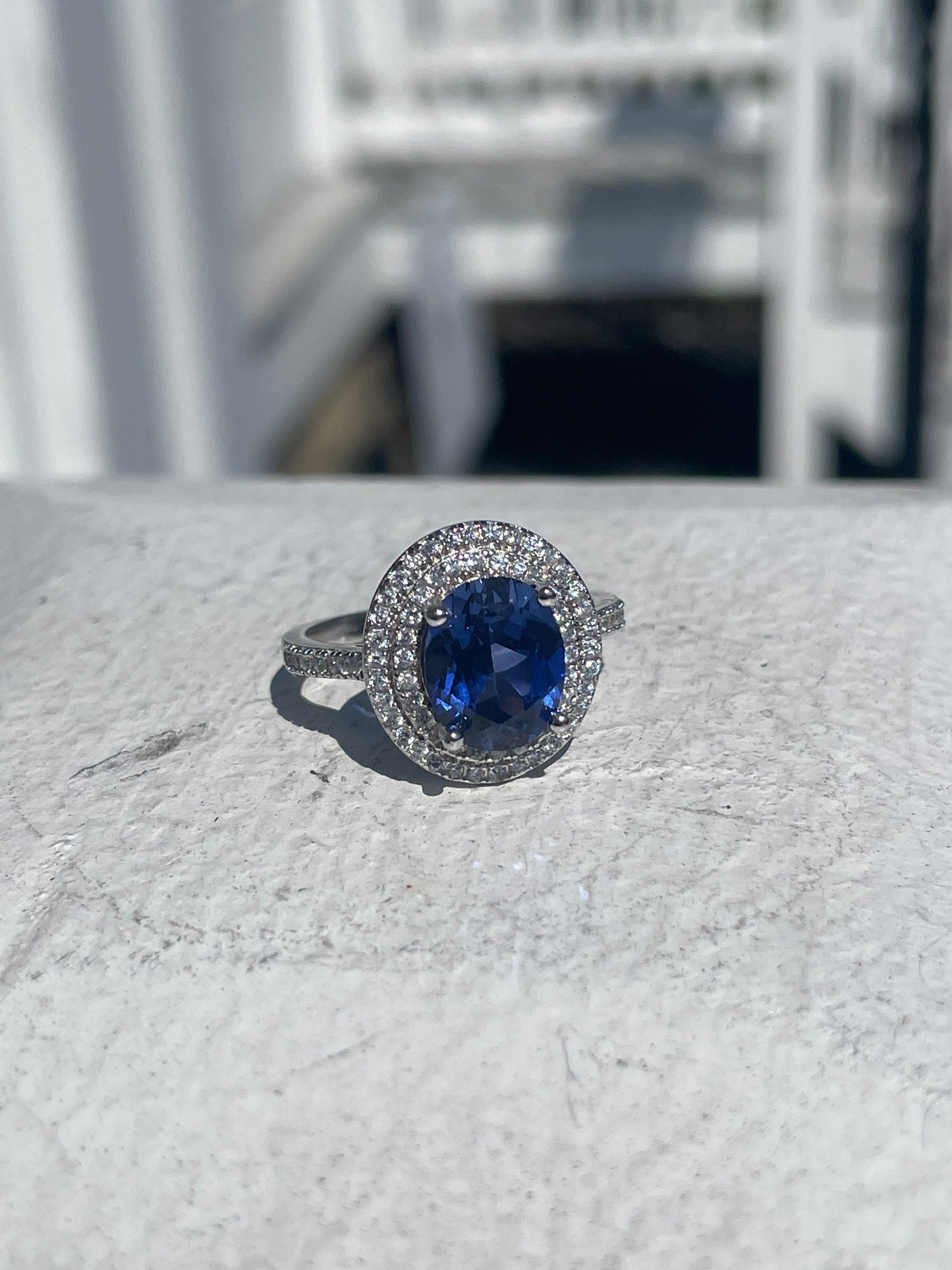 925 Sterling Silver Royalty Lab Sapphire & Cz Cluster Ring Size 8