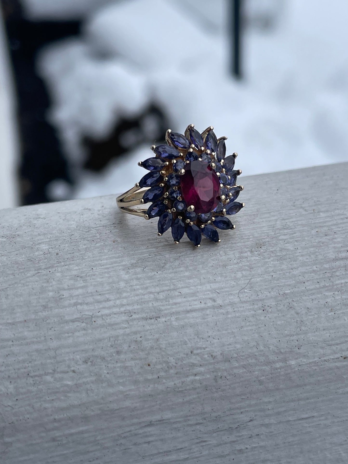 10k Gold Rhodolite Garnet & Iolite Wreath Cluster Ring Size 6