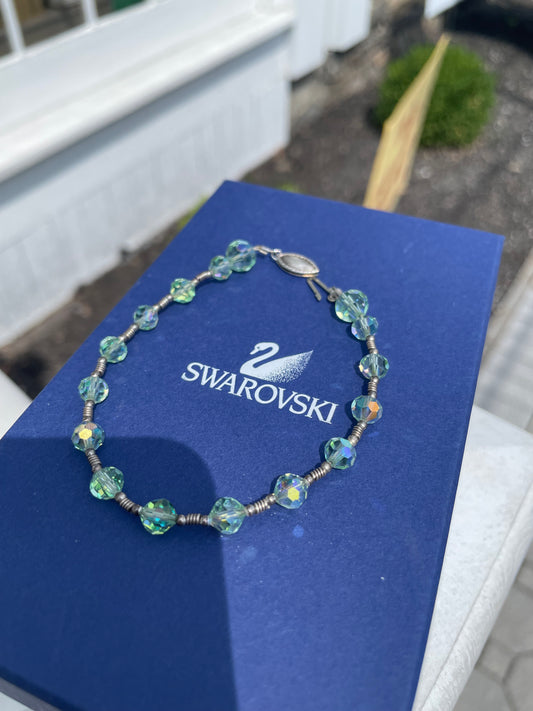 925 Sterling Silver Swarovski Elements Green Crystal Beaded Bracelet 7.5”