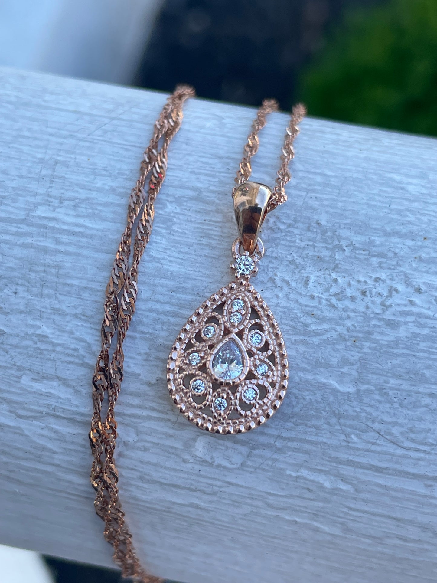 925 Sterling Silver Rose Vermeil Cz Cluster Teardrop Necklace 20”