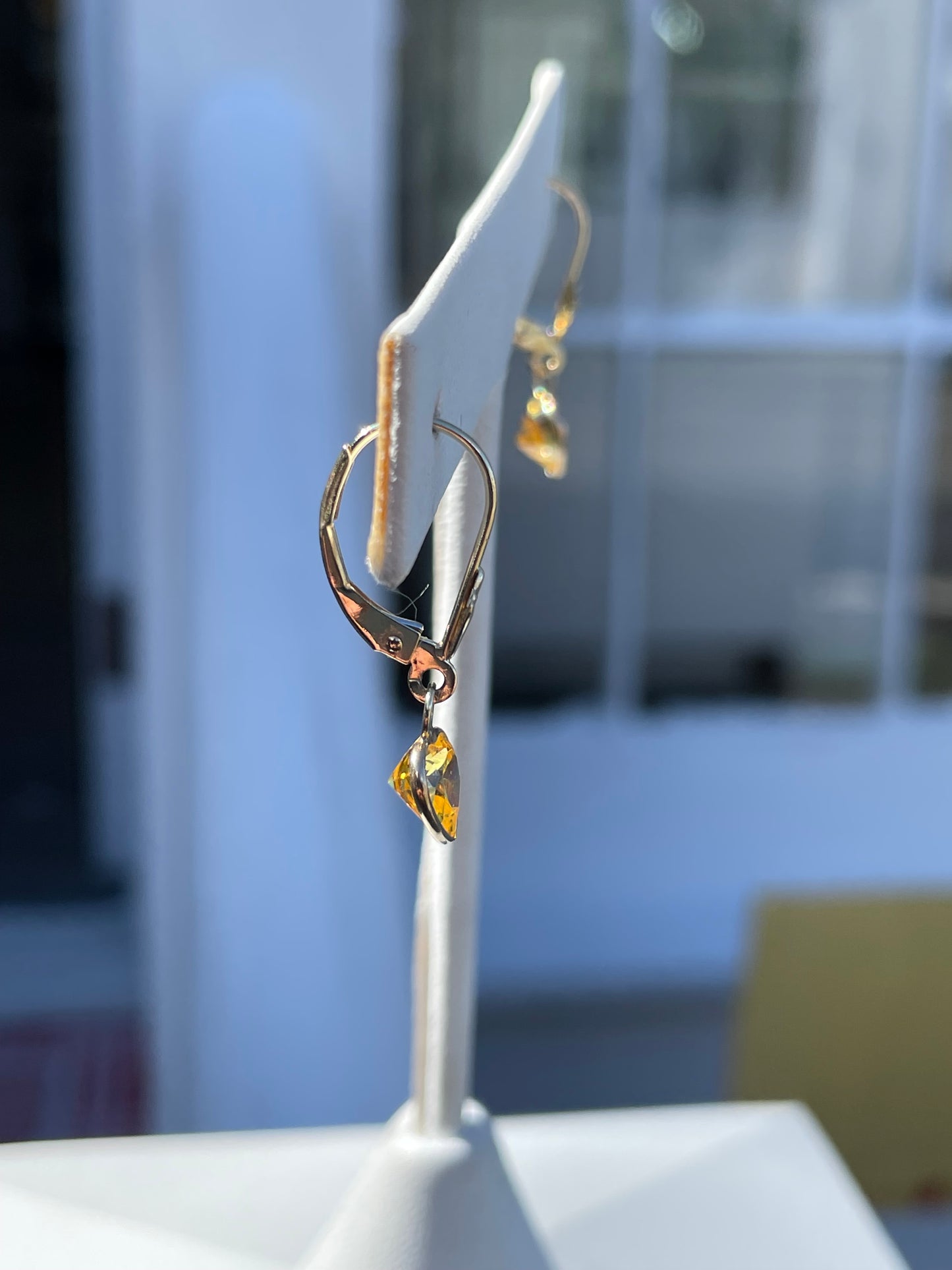 14k Gold Leverback Simulated Yellow Topaz Dangle Earrings