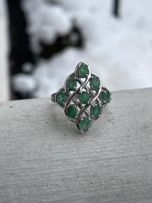 925 Sterling Silver Natural Emerald Cluster Ring Size 6