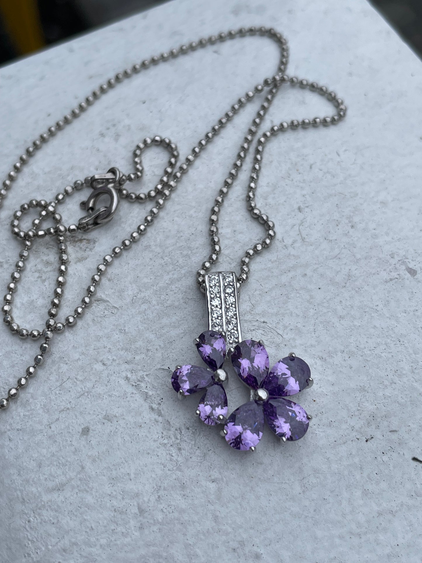 925 Sterling Silver Simulated Amethyst Flower Petals Necklace