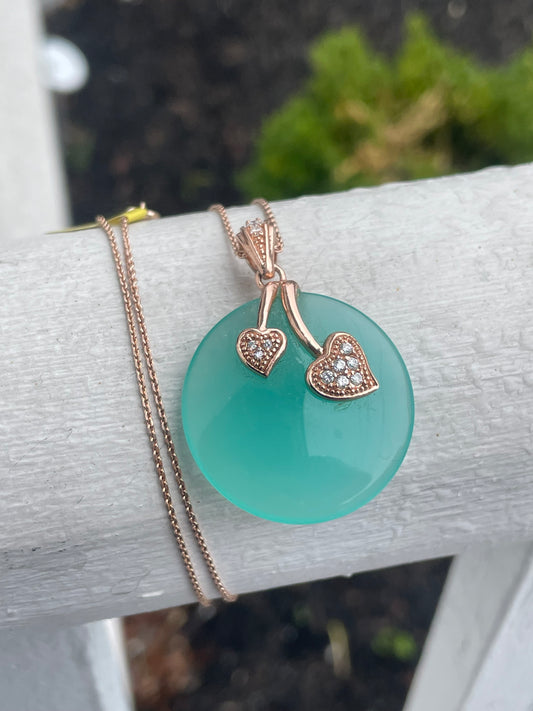 925 Sterling Silver Rose Vermeil Green Chalcedony Disc Necklace 20”