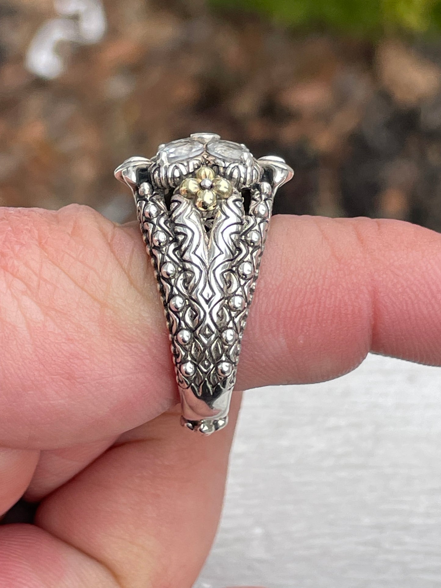 Designer Barbara Bixby Silver & 18k Gold White Topaz Clover Ring Size 9