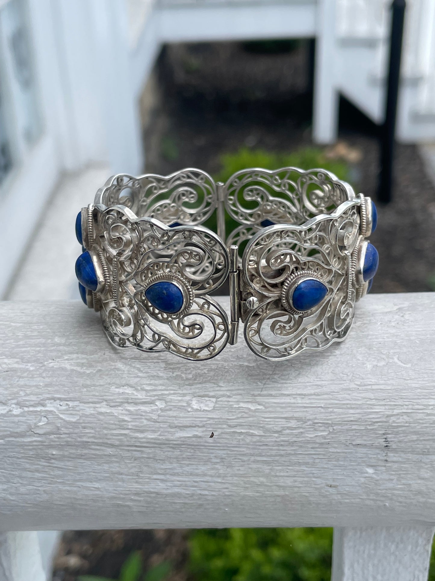 Designer BJ 925 Sterling Silver Open Filigree Blue Lapis Cuff Bracelet 7”