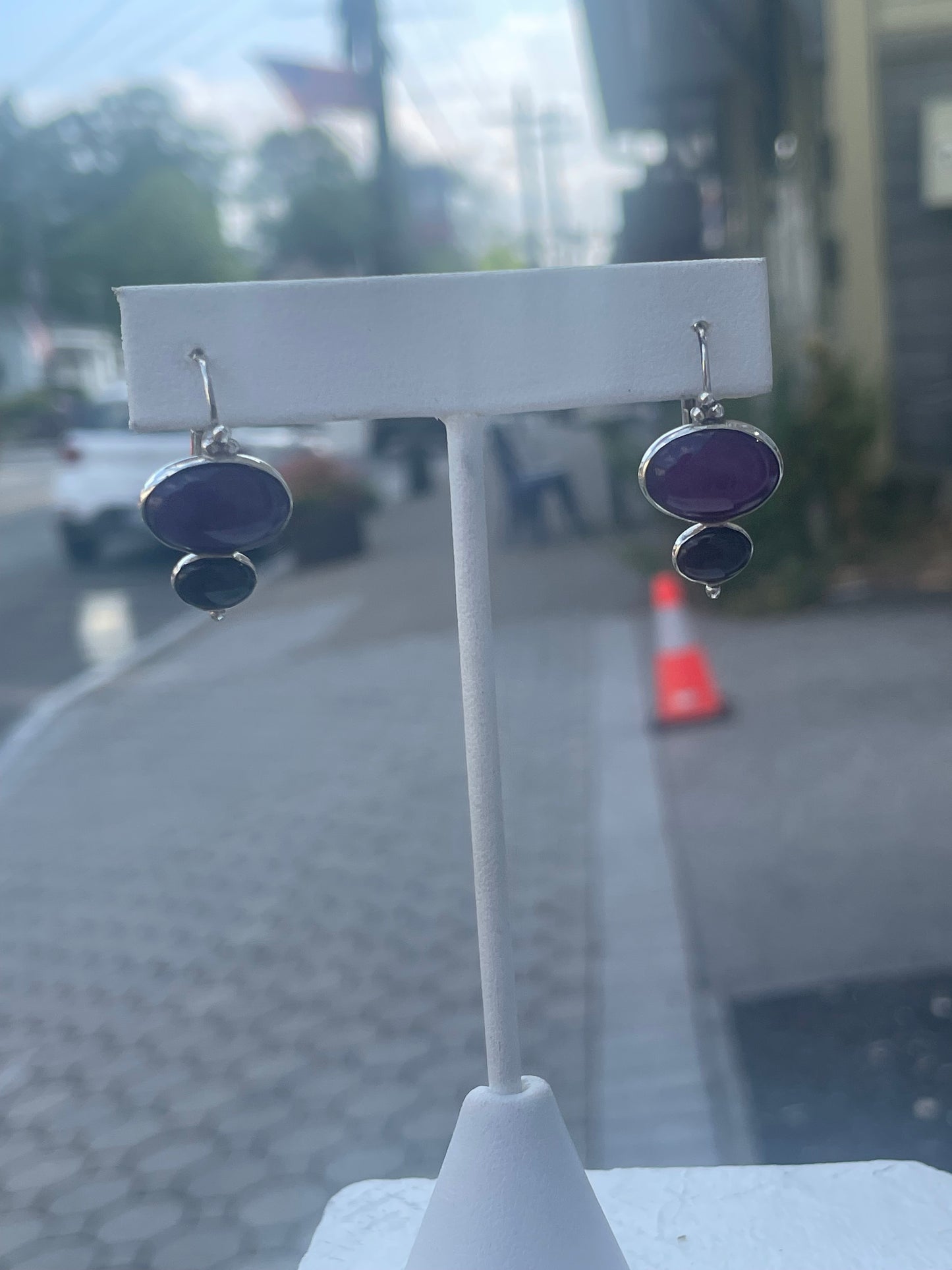 925 Sterling Silver Charoite & Onyx Drop Earrings