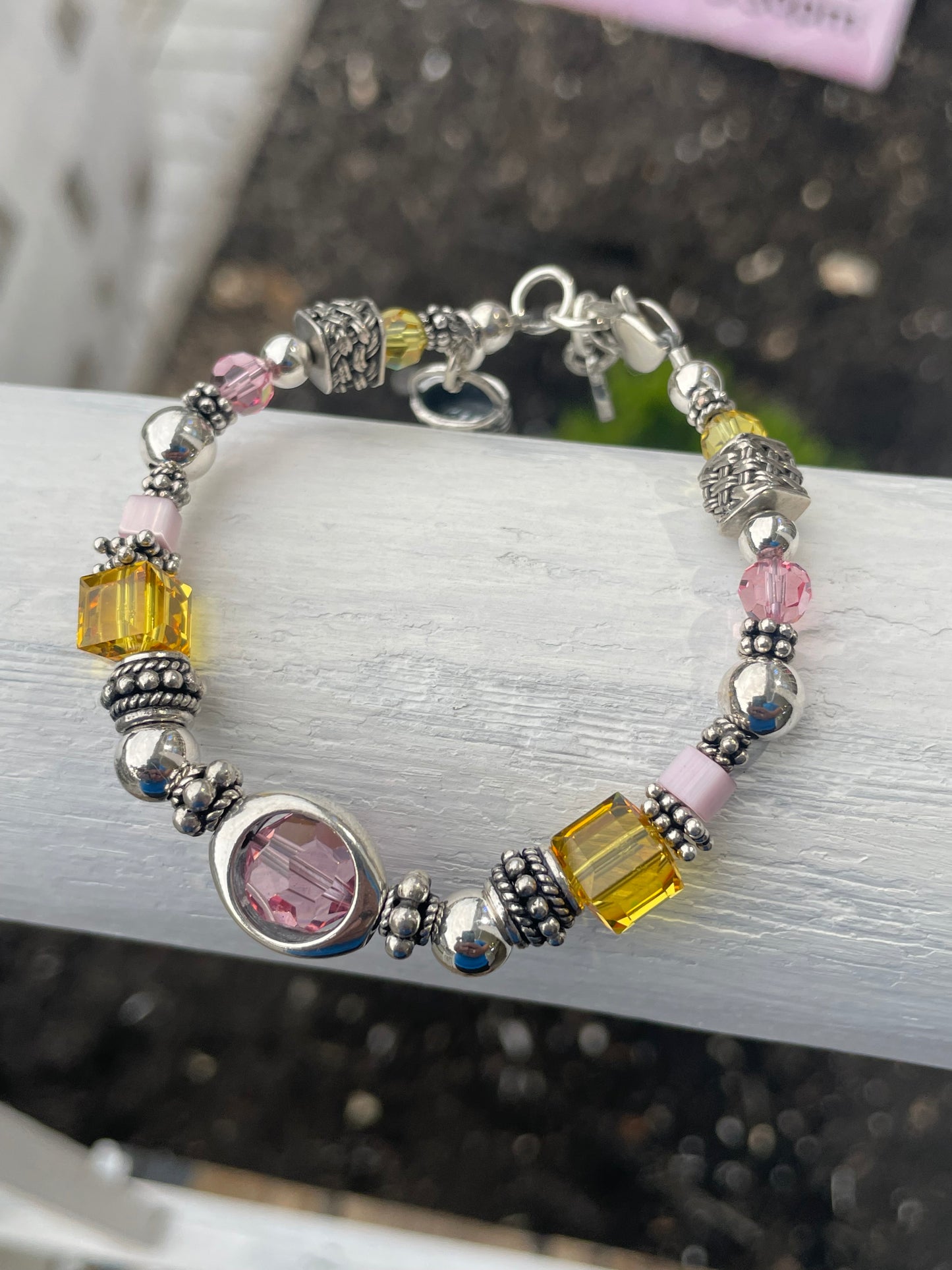 Designer ELE 925 Sterling Silver Yellow & Pink Beaded Crystal Bracelet