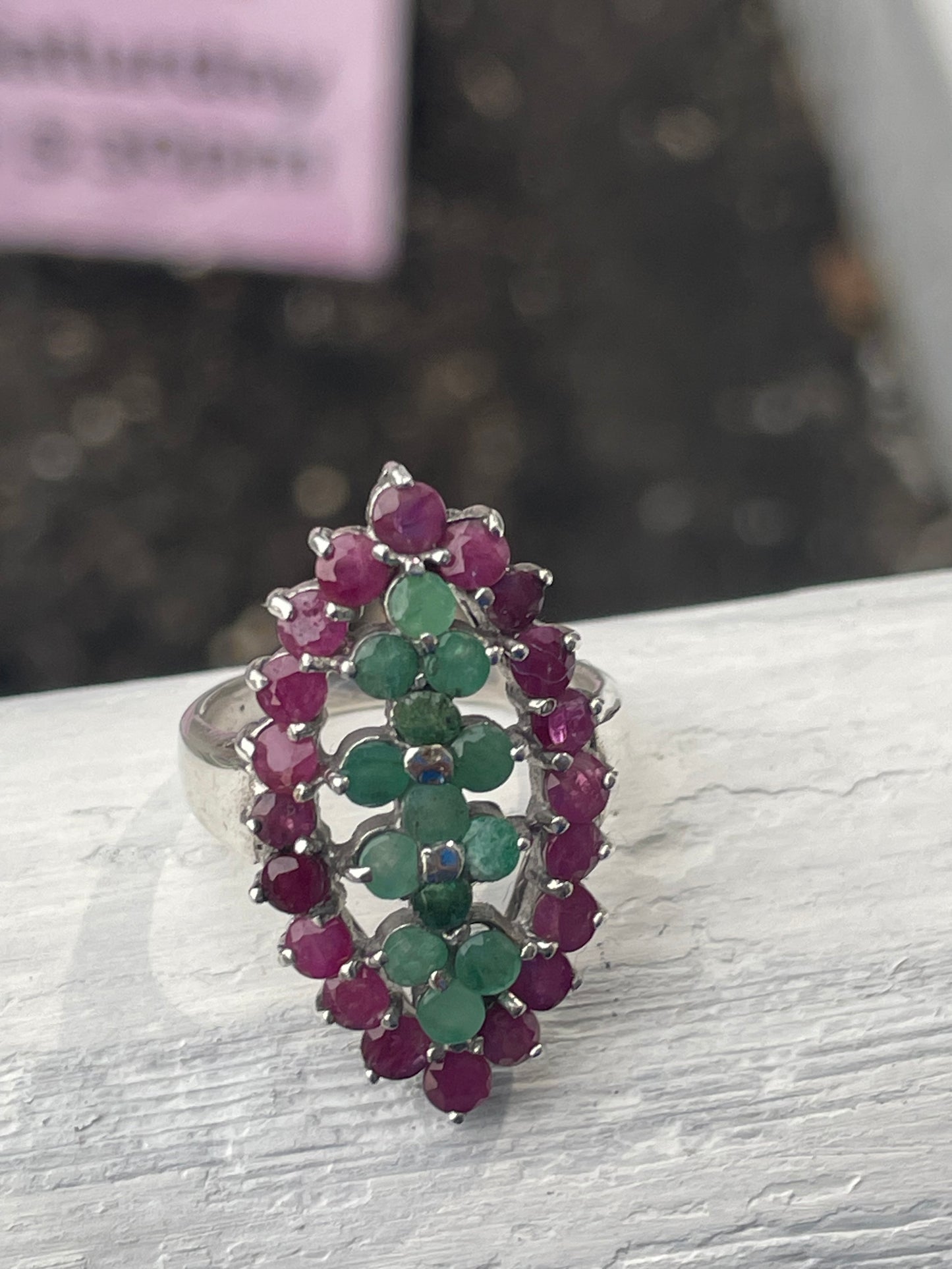 925 Sterling Silver Natural Ruby & Emerald Cluster Ring