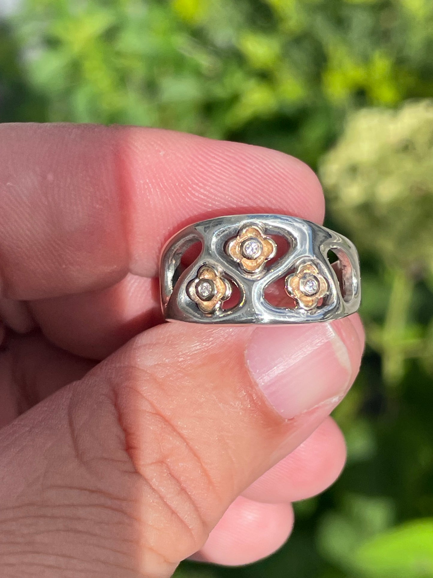 Retired Pandora 190154D - ALE 925 & 14K Gold Diamond Flower Ring Size 7.5