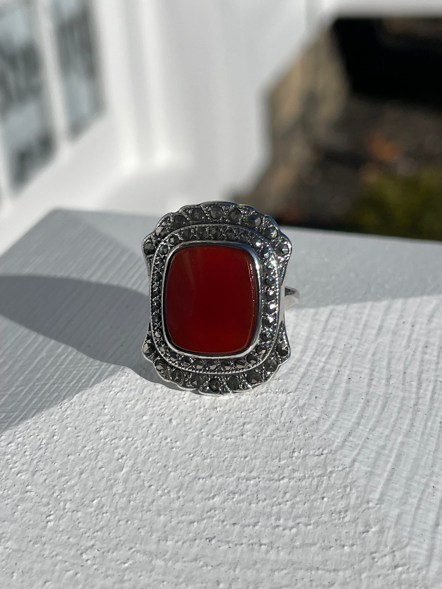 925 Sterling Silver Antique Carnelian & Marcasite Signet Ring Size 6.5