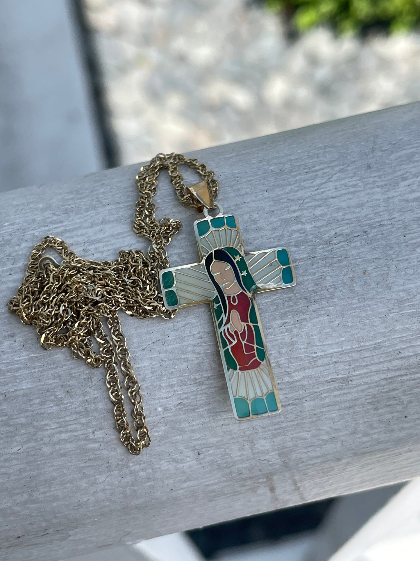 14k Gold Enameled Mother Mary Cross Necklace