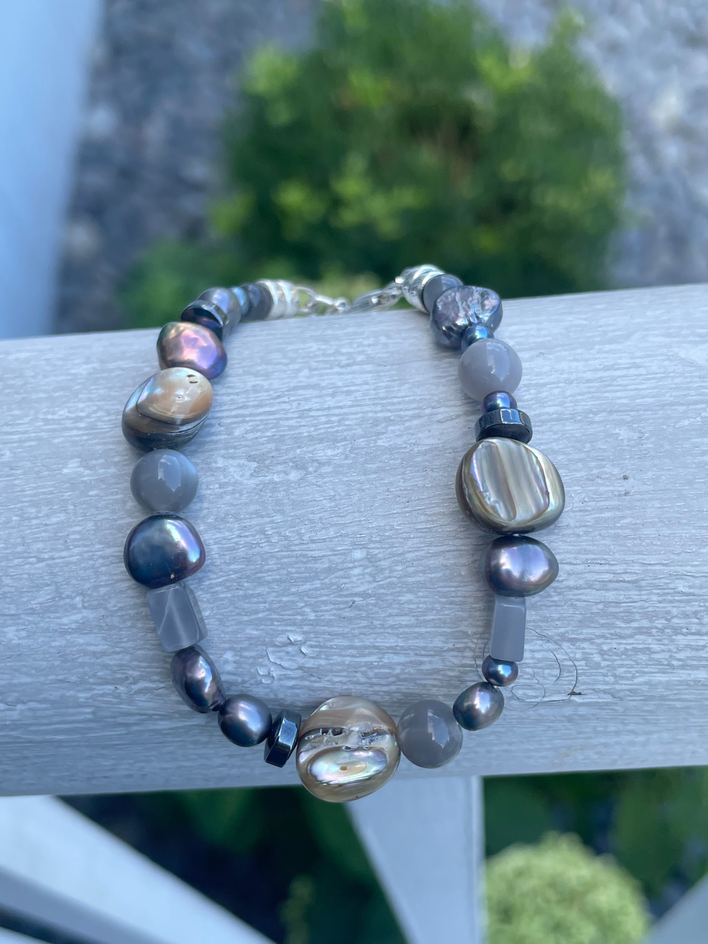 925 Sterling Silver Natural Abalone, Mother of Pearl, Gray Moonstone & Hematite Stone Bracelet