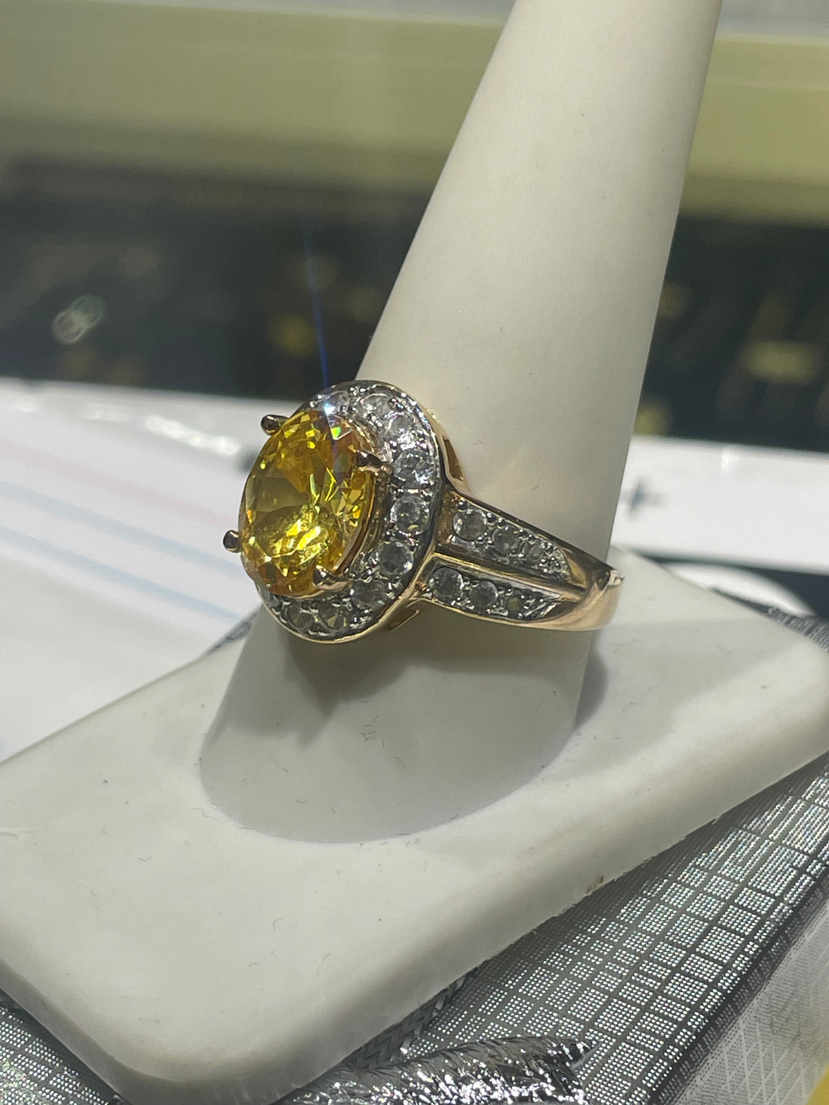 925 Sterling Silver Vermeil Simulated Yellow Topaz & Cz Ring Size 10
