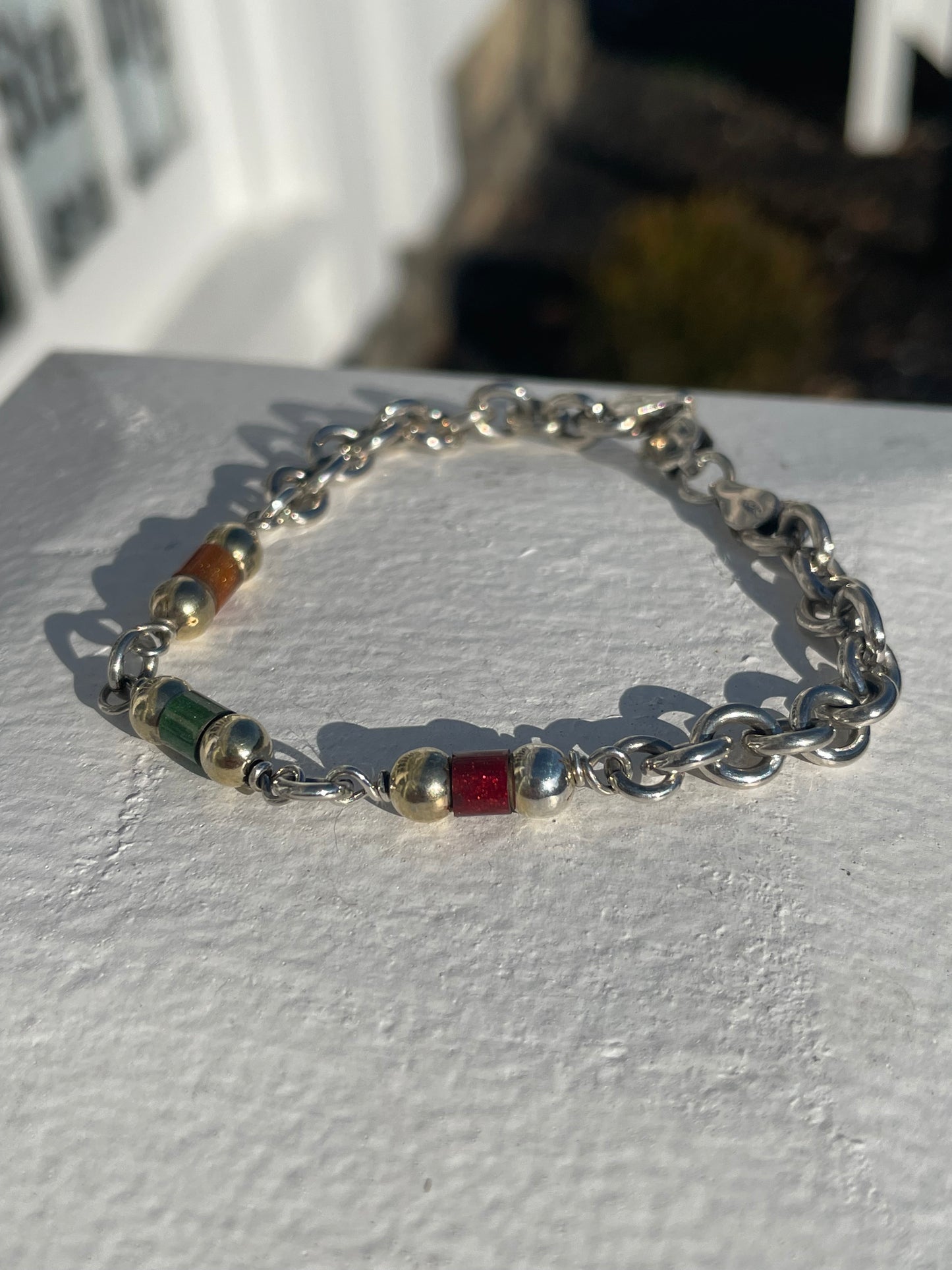 925 Sterling Silver Tri Enamel Bar Bracelet 7”.