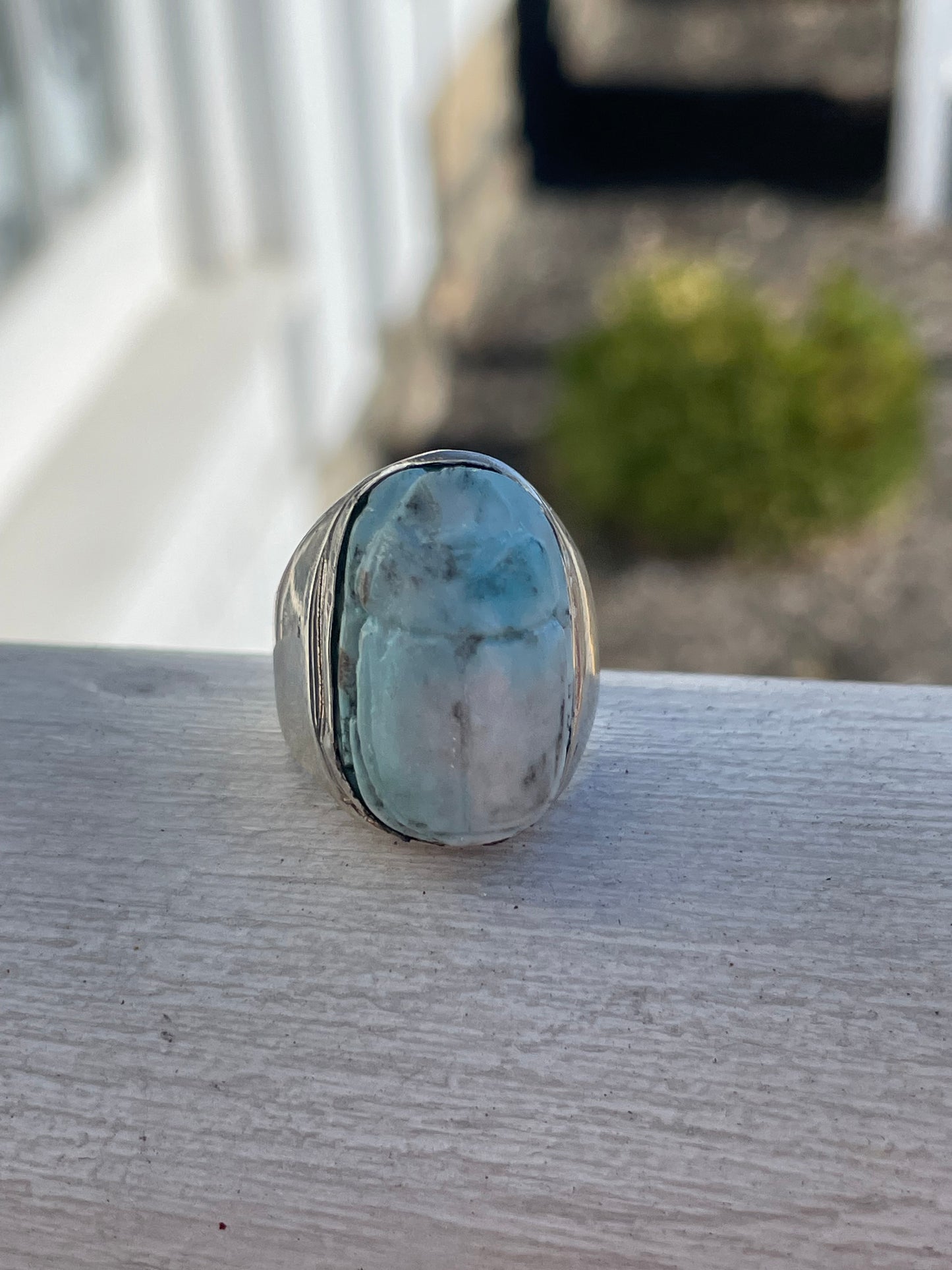 925 Sterling Silver Handmade Larimar Scarab Ring Size 7.5