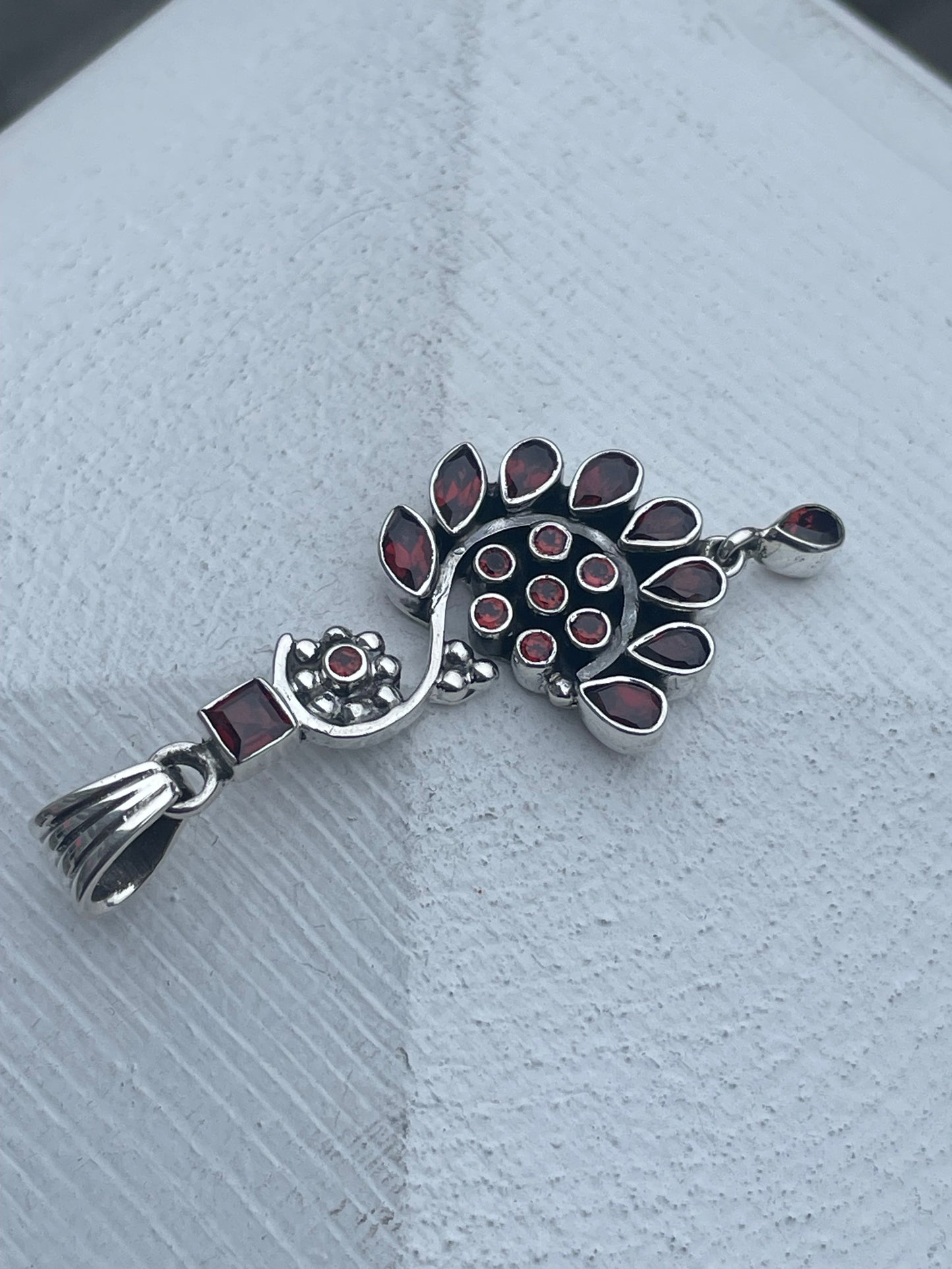 925 Sterling Silver Fancy Garnet Stone Peacock Pendant