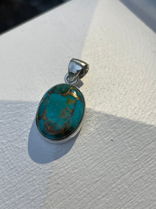 925 Sterling Silver Copper Turquoise Oval Pendant Charm